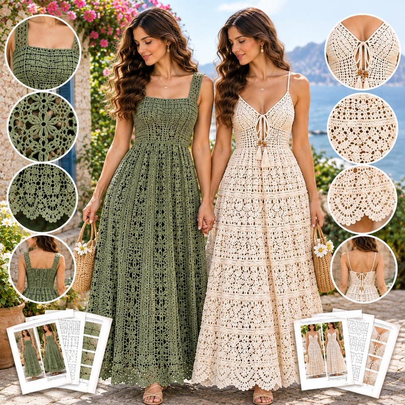 Puede incluir: Dos vestidos largos de ganchillo, uno en verde oliva con escote cuadrado y tirantes anchos, y otro en crema con escote en V, tirantes finos y cierre de lazo frontal. Ambos vestidos presentan intrincados patrones florales y dobladillos festoneados.