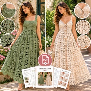 Puede incluir: Un patr&oacute;n de vestido a ganchillo en PDF que muestra dos vestidos largos, uno en verde salvia con escote cuadrado y motivos florales, y otro en crema con escote en V, cordones frontales y detalles de puntos intrincados con instrucciones.