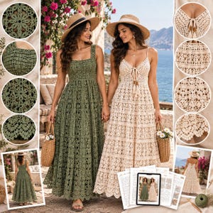 Puede incluir: Dos vestidos largos de ganchillo, uno en verde oliva y otro en crema, con intrincados patrones florales, escotes cuadrados y dobladillos festoneados. Cada vestido se combina con un bolso de paja y un sombrero de sol de ala ancha, mostrando el tejido.