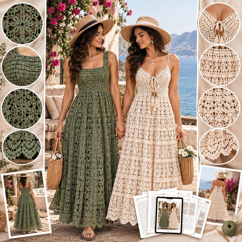 Puede incluir: Dos vestidos largos de ganchillo, uno en verde oliva y otro en crema, con intrincados patrones florales, escotes cuadrados y dobladillos festoneados. Cada vestido se combina con un bolso de paja y un sombrero de sol de ala ancha, mostrando el tejido.