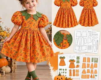 Puede incluir: Un vestido naranja con estampado de calabazas y enredaderas, mangas abullonadas y un cuello verde en forma de hojas. El vestido incluye botones frontales, una falda acampanada, patrones de costura a juego y una vista detallada del cuello.