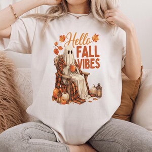 レトロな秋の雰囲気PNG、ヒョウ柄の秋用Tシャツデザイン、居心地の良い幽霊（デジタルダウンロード）