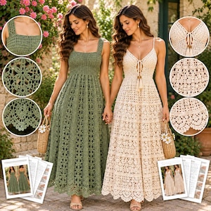 Puede incluir: Dos vestidos largos de ganchillo, uno en verde oliva con escote cuadrado y otro en crema con escote en V y lazos con borlas. Ambos vestidos presentan intrincados patrones florales, un corpi&ntilde;o ajustado y una falda acampanada con dobladillo festoneado.