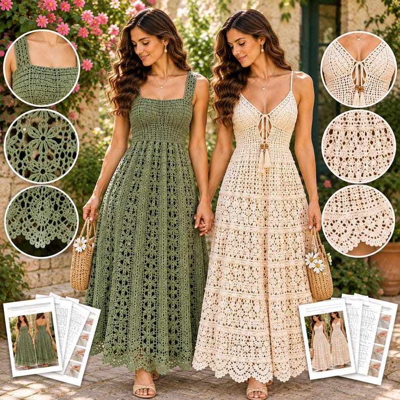 Puede incluir: Dos vestidos largos de ganchillo, uno en verde oliva con escote cuadrado y otro en crema con escote en V y lazos con borlas. Ambos vestidos presentan intrincados patrones florales, un corpi&ntilde;o ajustado y una falda acampanada con dobladillo festoneado.