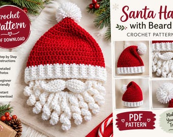 Puede incluir: Un patrón de ganchillo para un gorro de Papá Noel con barba, que presenta un gorro rojo con borde blanco y un pompón blanco. El diseño incluye un bigote blanco y una barba blanca rizada. La imagen muestra el texto "Santa Hat with Beard".