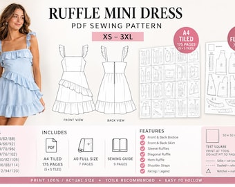 Puede incluir: Un minivestido azul claro con detalles de volantes, presentado como patrón de costura en PDF. Incluye bocetos técnicos delanteros y traseros, diagramas de diseño A4 y A0, tablas de tallas de XS a 3XL y un cuadrado de prueba de 50 x 50 mm.