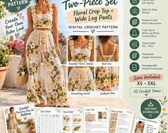 Puede incluir: Un patrón de ganchillo digital para un conjunto de dos piezas con un top corto floral y pantalones anchos. El conjunto es de color crema con motivos de flores amarillas y verdes. El patrón incluye instrucciones detalladas y fotografías.