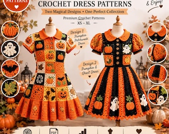 Puede incluir: Un anuncio digital de patrones de vestidos de ganchillo de Halloween con dos diseños en maniquíes. El vestido de la izquierda tiene un motivo de patchwork de calabazas, mientras que el de la derecha presenta rayas verticales con calabazas y fantasmas. El texto incluye Halloween Crochet Dress Patterns, XS-XL y US Crochet Terms.
