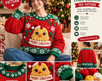 Puede incluir: Un suéter de ganchillo rojo con un pollito amarillo con gorro de Papá Noel, patrones de copos de nieve verdes y blancos en puños y cuello, y una pancarta con el texto Merry Christmas. La imagen incluye texto para un patrón de ganchillo PDF.