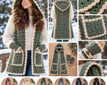 Puede incluir: Un chaleco de ganchillo verde oscuro con capucha y ribete color crema, con dos bolsillos delanteros y guantes sin dedos a juego con un botón de madera. El conjunto se muestra en varios colores, incluyendo rosa, beige, oliva, gris, azul y negro.