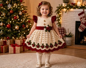 Puede incluir: Un vestido de ganchillo color crema con mangas de volantes rojo oscuro, una cintura roja a juego con un detalle floral y una falda decorada con motivos de bayas rojas y hojas verdes. El vestido incluye dos botones de madera.