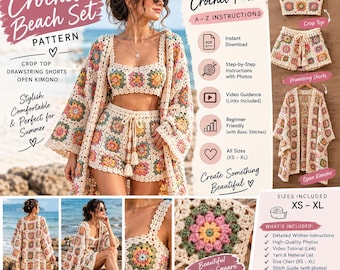 Puede incluir: Un patrón de ganchillo digital para un conjunto de playa que incluye un top corto, pantalones cortos con cordón y un kimono abierto. El diseño presenta coloridos motivos de cuadrados de la abuela en rosa, amarillo y verde con bordes crema. Tallas XS-XL.