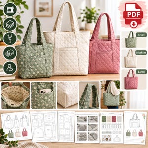 May include: Three quilted tote bags in sage green with white daisies, cream, and dusty rose. Each bag features two handles, a front slip pocket, and a diamond-stitched pattern. The image includes sewing pattern diagrams, step-by-step instructions, and a PDF icon.