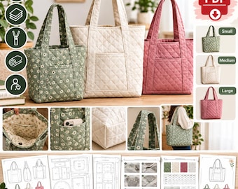Puede incluir: Tres bolsos tote acolchados en verde salvia con margaritas blancas, crema y rosa empolvado. Cada bolso tiene dos asas, un bolsillo frontal y un patrón de costuras en rombos. La imagen incluye diagramas de patrones de costura, instrucciones y un icono PDF.