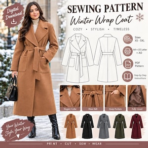 Pode incluir: Um molde de costura digital para um casaco de inverno com cinto, design longo, bolsos profundos, gola larga e forro completo. Inclui desenhos técnicos, opções de tamanhos de XS a 5XL e instruções detalhadas passo a passo para a confecção.
