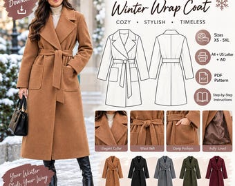 Puede incluir: Un patrón de costura digital para un abrigo cruzado de invierno con diseño largo, cinturón, bolsillos profundos, cuello ancho y forro completo. Incluye dibujos técnicos, opciones de tallas de XS a 5XL e instrucciones detalladas paso a paso.