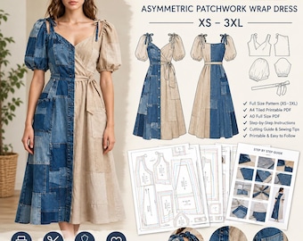 Puede incluir: Un patrón de costura para un vestido cruzado asimétrico de patchwork en tallas XS-3XL. El diseño incluye cuello en V, mangas abullonadas con lazos y cierre frontal de botones. El vestido combina parches de mezclilla azul con paneles beige.