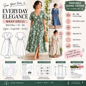 Puede incluir: Un patrón de costura PDF imprimible para un vestido cruzado titulado Everyday Elegance. El patrón incluye opciones para largos midi y maxi, mangas cortas o 3/4, bolsillos laterales y una cintura con lazo ajustable. Tallas de la XS a la 4XL.