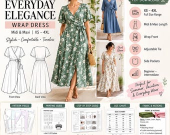 Puede incluir: Un patrón de costura PDF imprimible para un vestido cruzado titulado Everyday Elegance. El patrón incluye opciones para largos midi y maxi, mangas cortas o 3/4, bolsillos laterales y una cintura con lazo ajustable. Tallas de la XS a la 4XL.