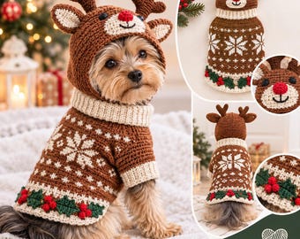 Puede incluir: Un suéter de ganchillo marrón para mascota con capucha de reno y astas, cuello acanalado blanco y un patrón de copos de nieve blancos en la espalda. El dobladillo está decorado con hojas de acebo verdes y bayas rojas. Lo lleva un perro pequeño.