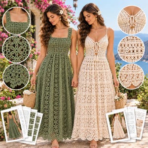 Puede incluir: Dos vestidos largos de ganchillo, uno en verde oliva con escote cuadrado y otro en crema con escote en V y lazos con borlas. Ambos vestidos presentan intrincados patrones florales y geom&eacute;tricos, tirantes anchos y dobladillos festoneados.