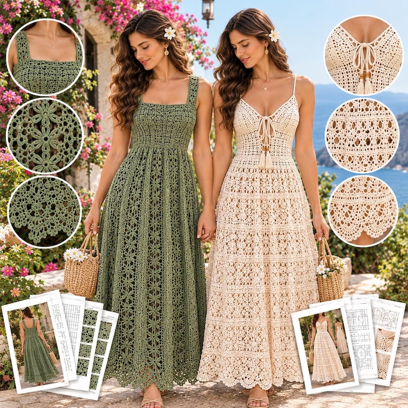 Puede incluir: Dos vestidos largos de ganchillo, uno en verde oliva con escote cuadrado y otro en crema con escote en V y lazos con borlas. Ambos vestidos presentan intrincados patrones florales y geom&eacute;tricos, tirantes anchos y dobladillos festoneados.