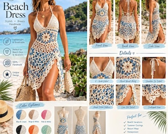 Puede incluir: Un vestido de playa de ganchillo hecho a mano con corpiño color crema, escote en V, motivo floral en la cintura y falda de malla azul y crema con abertura lateral. El vestido incluye tirantes en los hombros y un dobladillo festoneado.