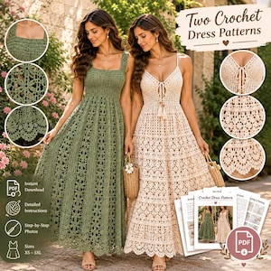 May include: Two crochet dress patterns featuring an olive green floor-length dress with a square neckline and a cream-colored floor-length dress with a V-neckline and tie-front detail. Both dresses showcase intricate floral and geometric crochet motifs.