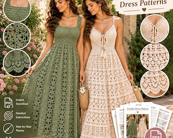 Puede incluir: Dos patrones de vestidos de ganchillo que incluyen un vestido largo de color verde oliva con escote cuadrado y un vestido largo de color crema con escote en V y detalle de lazo. Ambos vestidos muestran intrincados motivos florales y geométricos.
