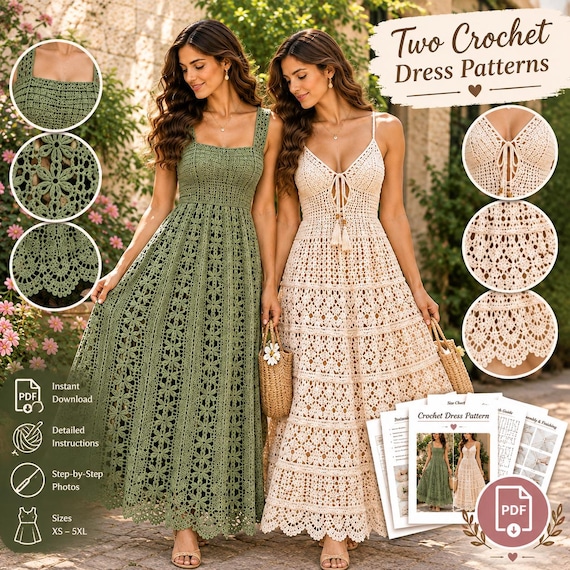 Crochet Dress Pattern PDF, 2 Maxi Dress Designs, Boho Lace Dress, XS–5XL