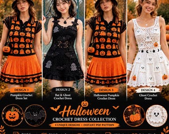 Puede incluir: Una colección de vestidos de ganchillo de Halloween con cuatro diseños: un vestido polo de calabaza con falda plisada, un vestido negro de murciélago y fantasma, un vestido polo de calabaza y un vestido de fantasma blanco. Texto: Halloween Crochet Dress Collection.