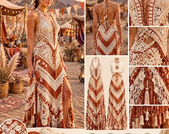 Puede incluir: Un vestido largo de ganchillo con escote en V profundo, detalle de cordones en la parte delantera y espalda abierta con tirantes al cuello. La prenda presenta un patrón de chevrón en crema y naranja óxido, con borlas y motivos florales.