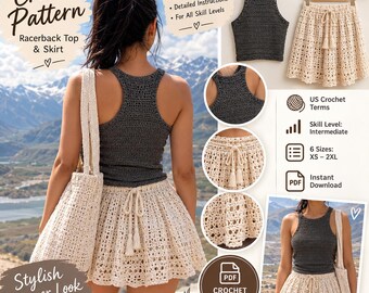 Puede incluir: Un patrón de ganchillo para un top de espalda nadadora y una falda, que incluye una camiseta de tirantes gris oscuro y una falda de ganchillo color crema con cintura de cordón. El patrón incluye fotos paso a paso, instrucciones detalladas y está disponible en seis tallas de la XS a la 2XL.