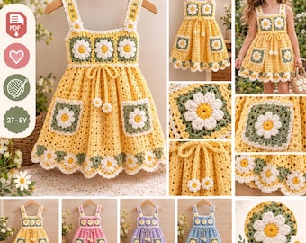 Puede incluir: Un vestido de ganchillo sin mangas con base amarilla y motivos de cuadrados de la abuela de margaritas blancas y verdes en el corpiño y los bolsillos. El vestido incluye una cintura con cordón y margaritas y un dobladillo festoneado.