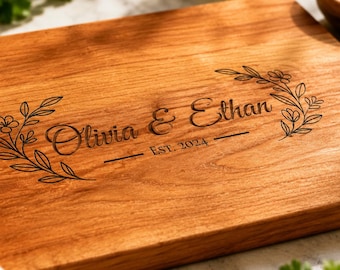 Personalized Wood Cutting Board, Custom Engraved Floral Names, Charcuterie Board, Housewarming, Couple, Thanksgiving, Anniversary Gift