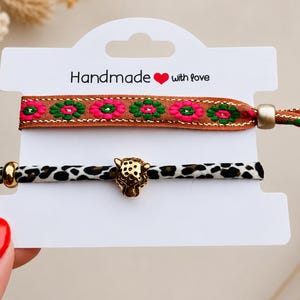 Boho Leopard Bracelet Set, Handmade Beaded Bracelet, Gold Leopard Charm, Ibiza Style Jewelry, Gift for Her, Stackable Bracelet
