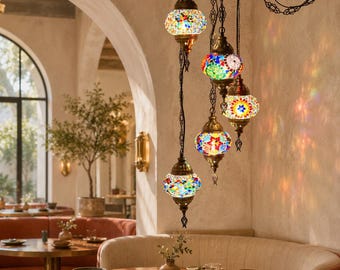Turkish Moroccan Mosaic Chandelier, 5 Globe Colorful Glass Pendant Light, Plug-In