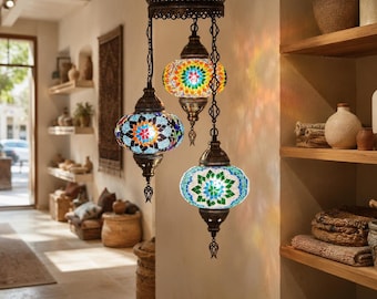 Turkish Mosaic Hanging Lamp, Handmade Glass Pendant, 3 Globe Chandelier