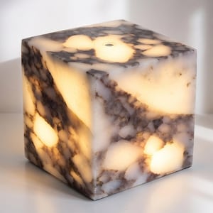 May include: A cube-shaped lamp made of translucent stone with a marbled pattern of white, grey, and dark brown veins. The stone surface is illuminated from within, creating a warm glow that highlights the natural variations in the mineral texture.