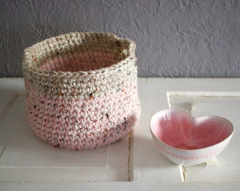 Handmade Crochet Valentine Pink, Dusty Rose, Natural, Beige, Tan Basket with Handles, Home Decor, Yarn Basket, Spa, Storage Basket