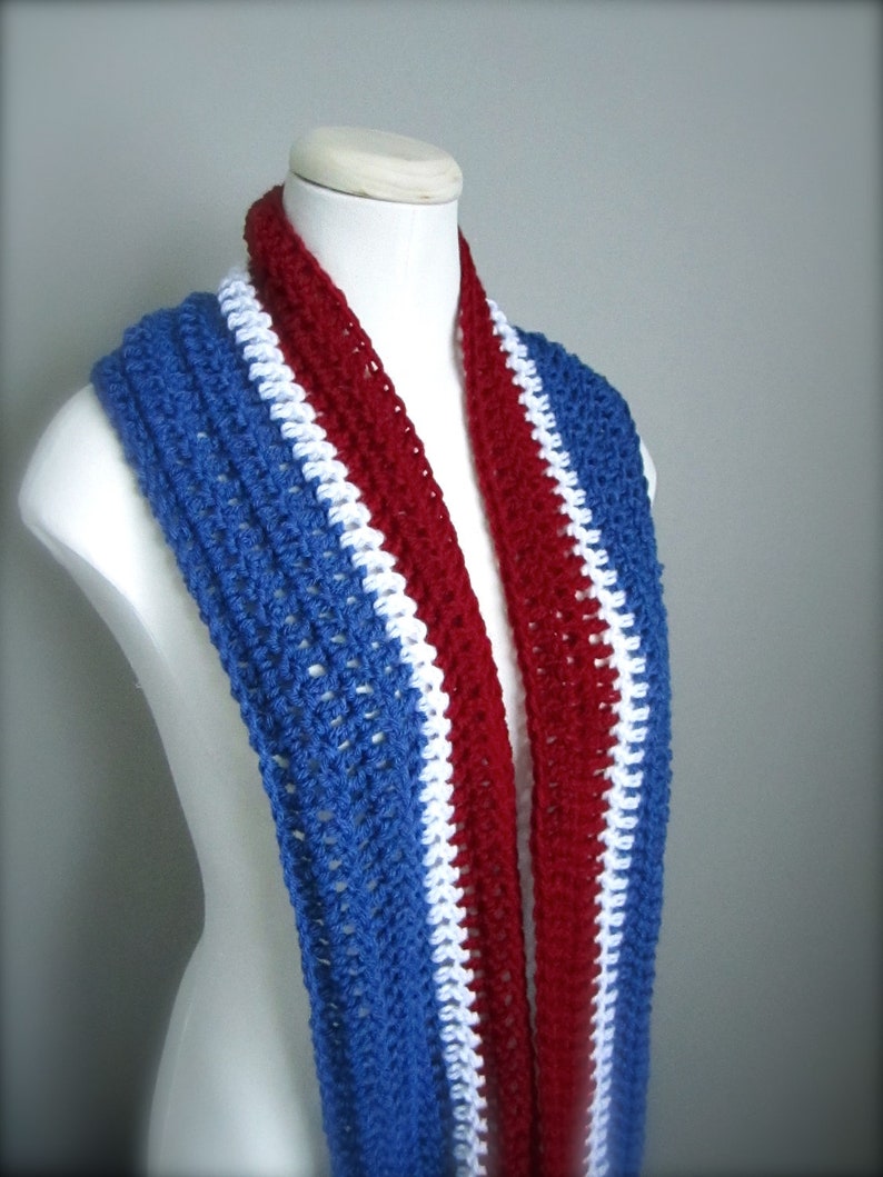 Crochet Red, White, and Blue, NHL, New York Rangers Hockey, Football, Soccer, Olympic Sports Team Colors Infinity Scarf, Men's Scarf, Un image 3