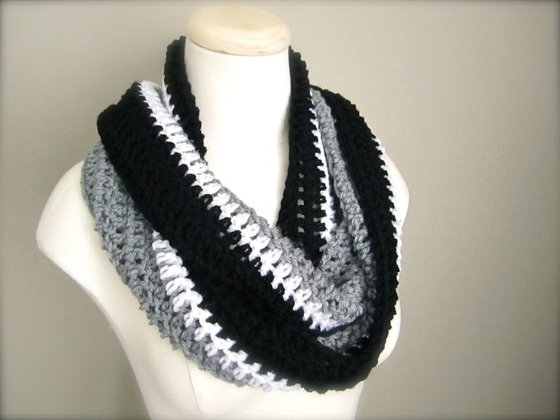 Crochet Black, Grey/Silver, and White NHL, L.A. Kings Hockey, Football, Soccer Team Colors Infinity Scarf, Men's Scarf, Unisex Scarf image 1