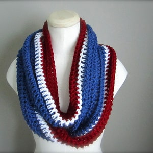 Crochet Red, White, and Blue, NHL, New York Rangers Hockey, Football, Soccer, Olympic Sports Team Colors Infinity Scarf, Men's Scarf, Un image 2