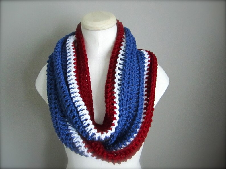 Crochet Red, White, and Blue, NHL, New York Rangers Hockey, Football, Soccer, Olympic Sports Team Colors Infinity Scarf, Men's Scarf, Un image 2