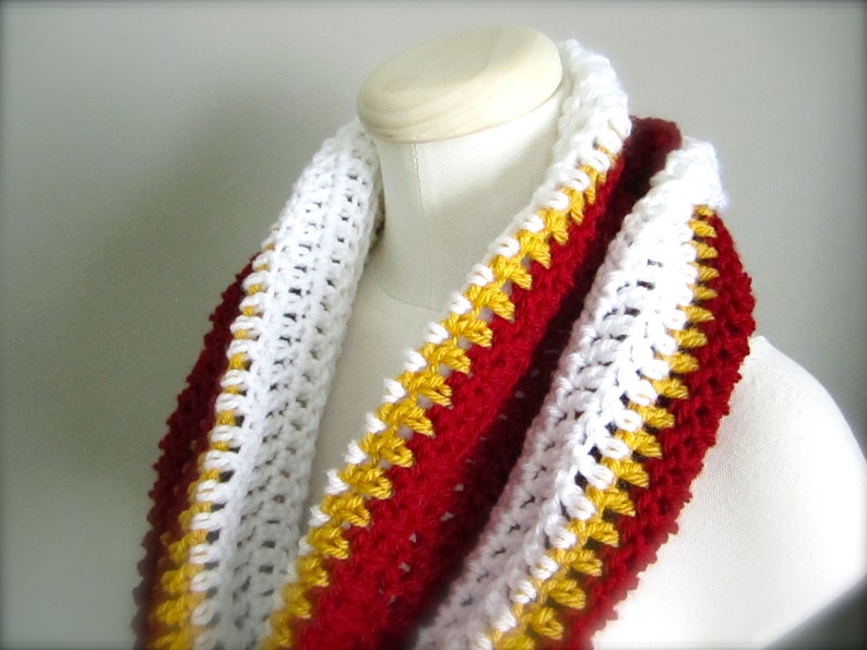 Crochet Red, White, and Gold NHL,Calgary Hockey, Football, Soccer, Sports Team Colors Infinity Scarf, Men's Scarf, Unisex Scarf image 5