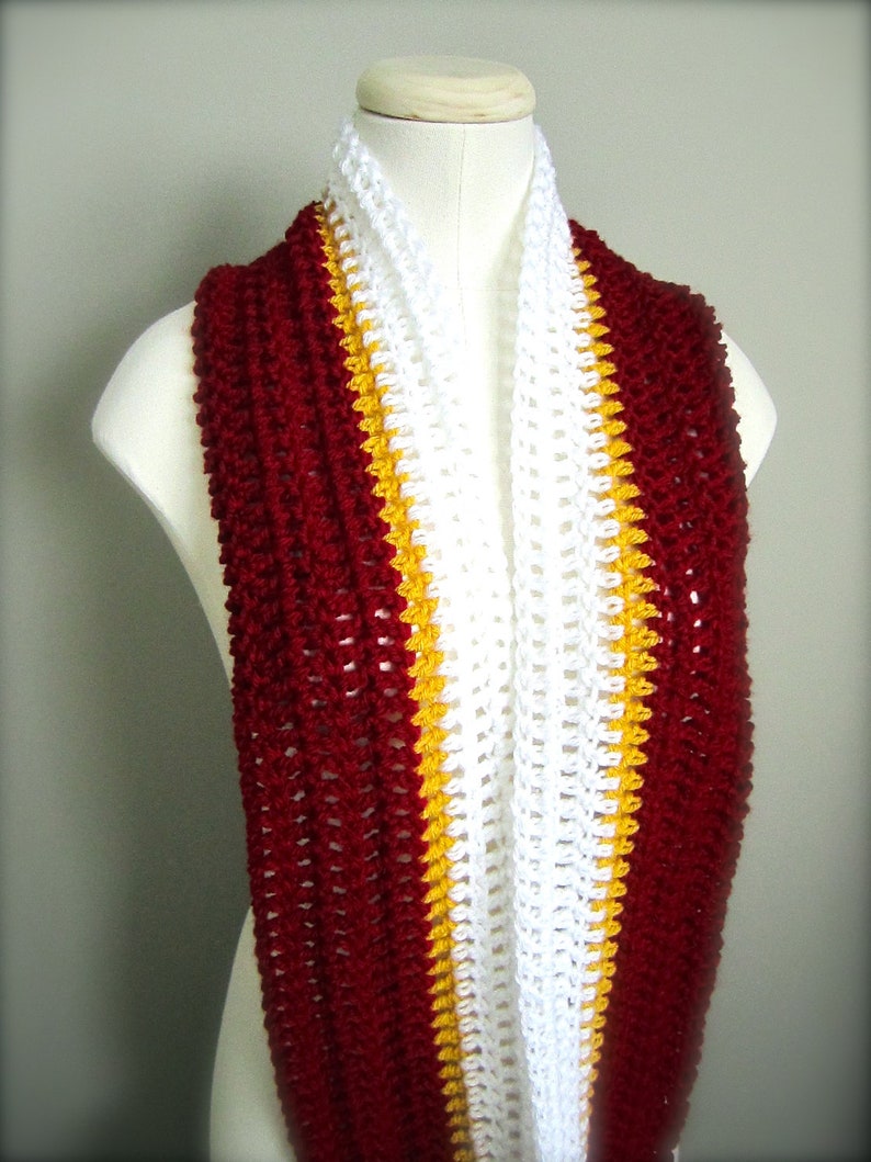 Crochet Red, White, and Gold NHL,Calgary Hockey, Football, Soccer, Sports Team Colors Infinity Scarf, Men's Scarf, Unisex Scarf image 3