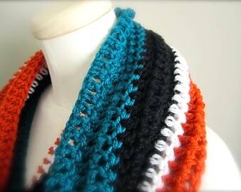 Crochet Black, Teal, Orange, and White NHL, Hockey, Football, Soccer, San Jose Sharks Infinity Scarf, Men&#39;s Scarf, Unisex Scarf