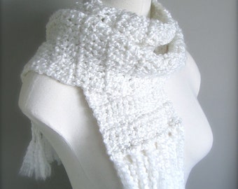 Crochet White, Winter White, Classic Fringe Scarf, Women's Scarf, Men's Scarf, Unisex Scarf