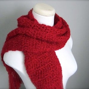 Crochet Christmas Red, Valentine&#39;s Day, Rich Scarlet Red Classic Fringe Handmade Scarf, Women&#39;s Scarf, Men&#39;s Scarf, Unisex Scarf