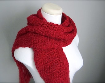 Crochet Christmas Red, Valentine's Day, Rich Scarlet Red Classic Fringe Handmade Scarf, Women's Scarf, Men's Scarf, Unisex Scarf